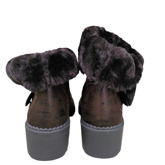 LFL By Lust For Life 7.5 Brown Faux Fur Buckle Snap Chunky Metallic Brown Boots - Picture 6 of 16